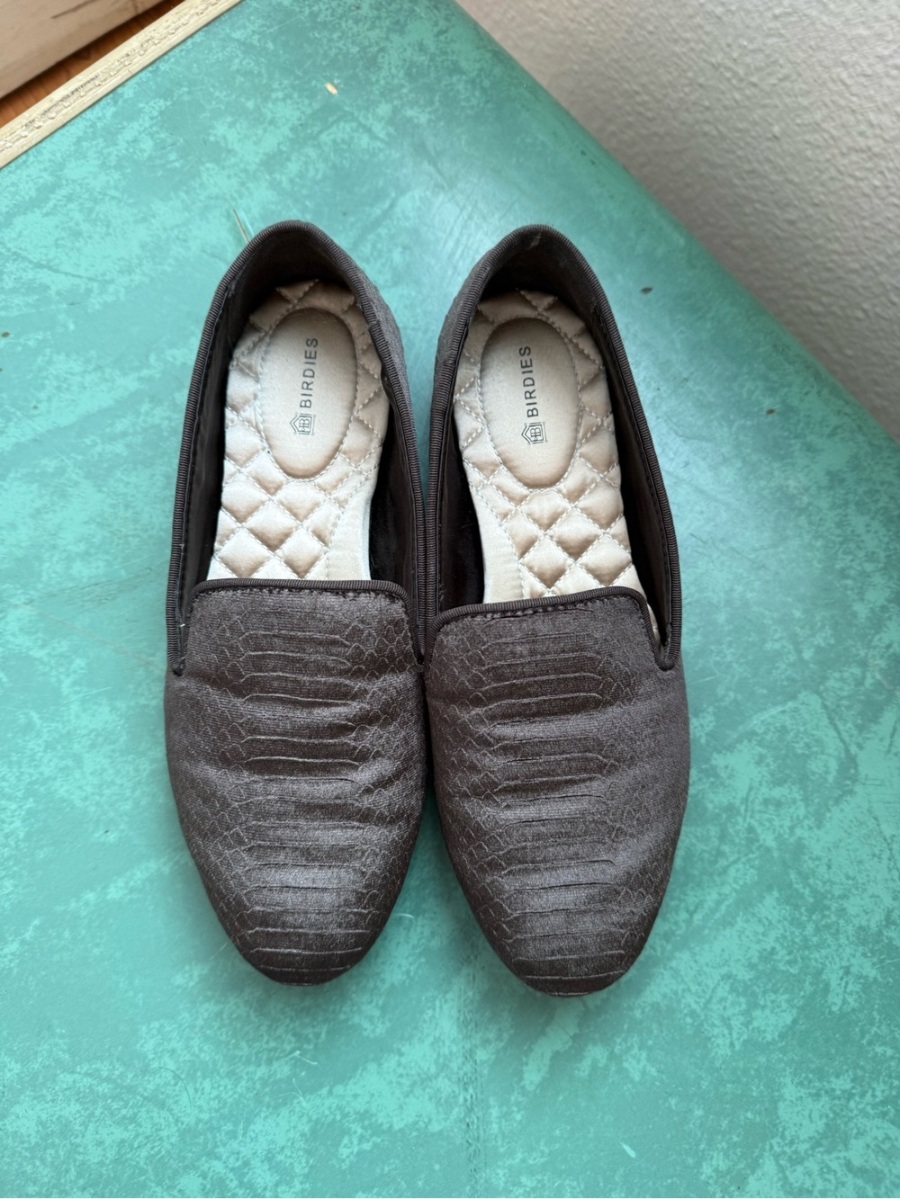 Birdies Quilted Slip-On Loafers in Dark Brown Suede w Snake Print
